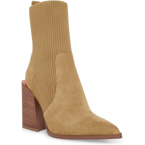 Women's Khaki Chunky Stacked Heel Ankle Pointed Toe Slip On Knit Sock Boots
